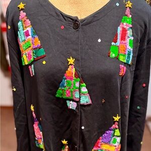 Michael Simon Black Sparkle Christmas Tree Cardigan size 2XL
